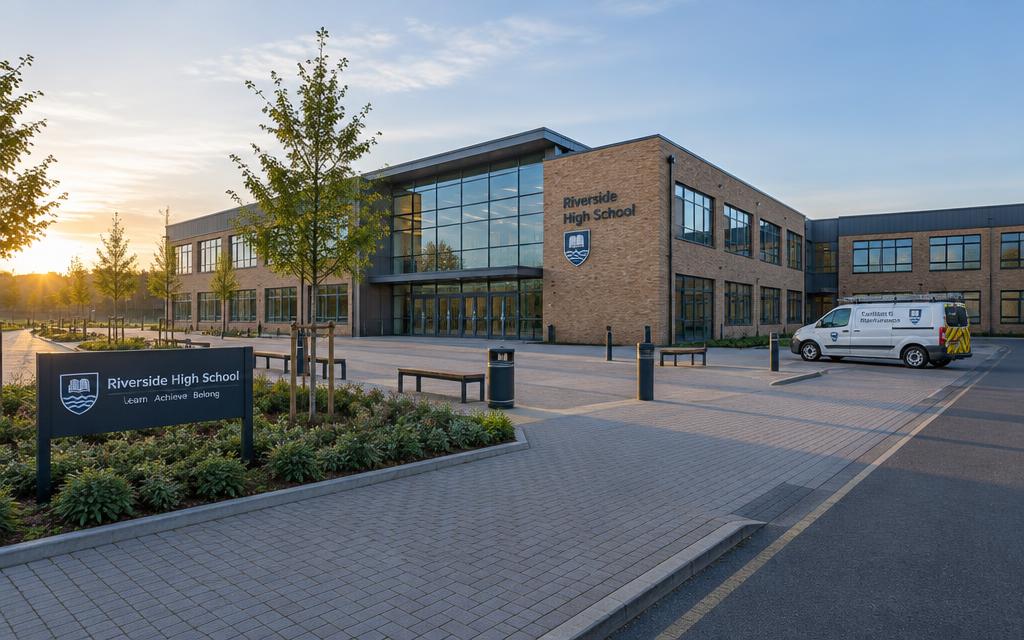 Secondary school campus building and grounds