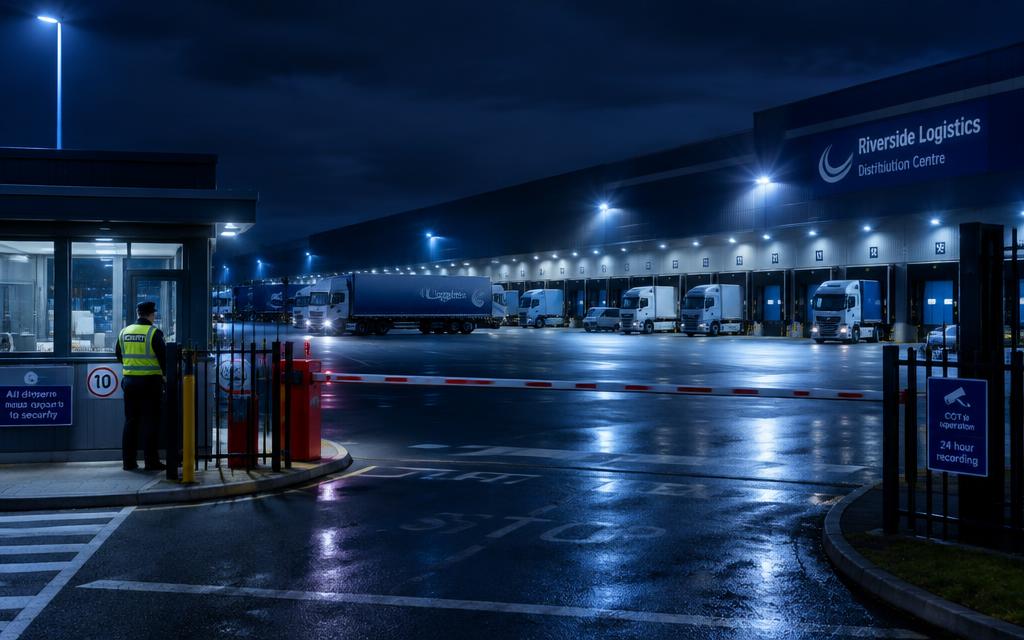 Night view of a logistics distribution centre gatehouse and loading bays