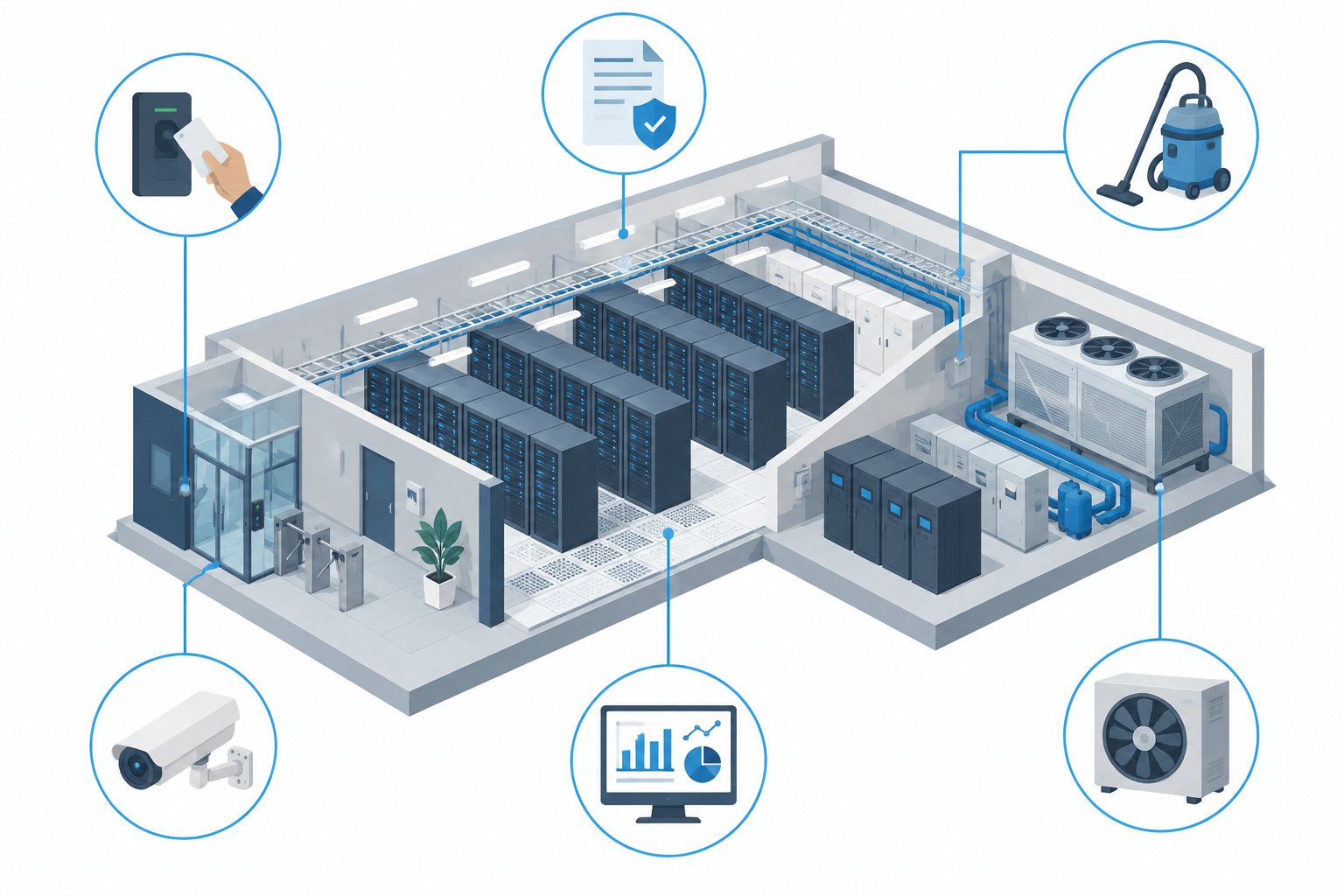 Illustration of a cutaway data centre with access control, permits, technical cleaning, cooling plant, cameras and reporting connected to it