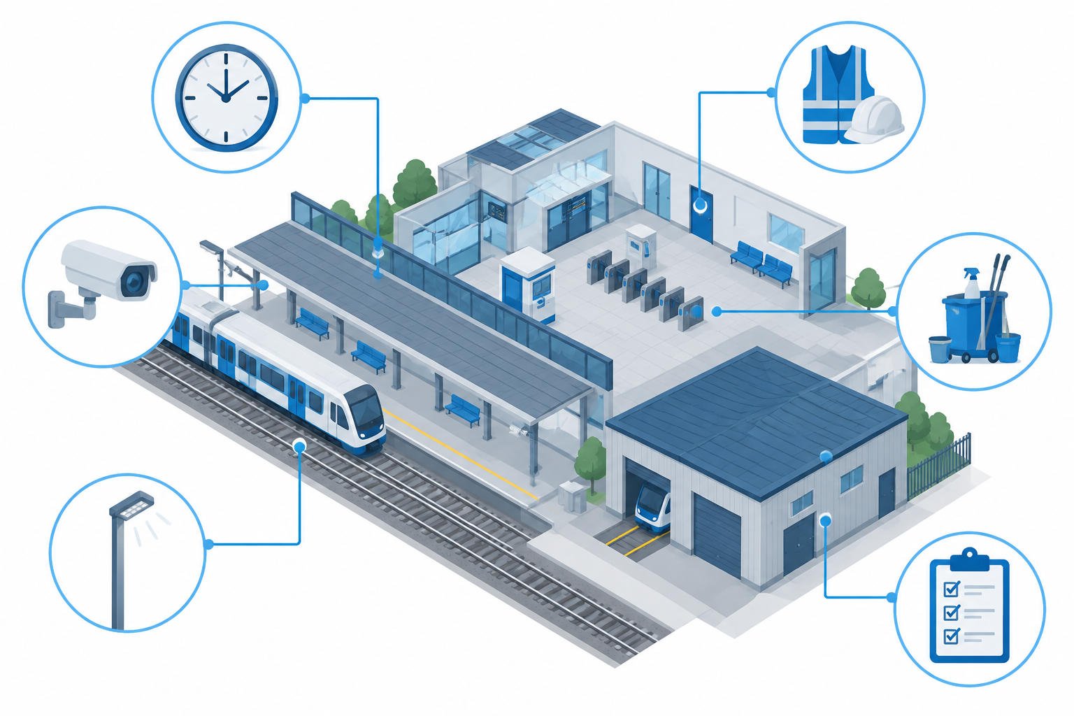 Illustration of a station platform and depot with timetabling, competencies, cleaning, lighting, cameras and compliance connected to it