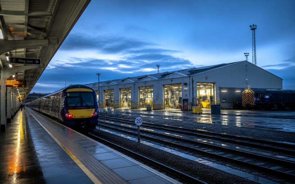 Rail depot and station platform at dawn